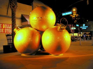 Life-sized Christmas Ornaments Nighttime at AMC 16